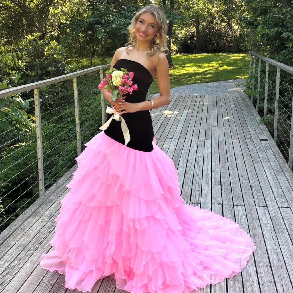 Strapless Black Top Pink Ruffled Ball Gown